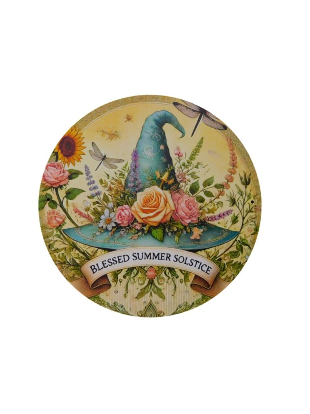 Blessed Summer Solstice Metal Tin Sign 8x8 Round Wall Decor With Floral Hat - Picture 6 of 10